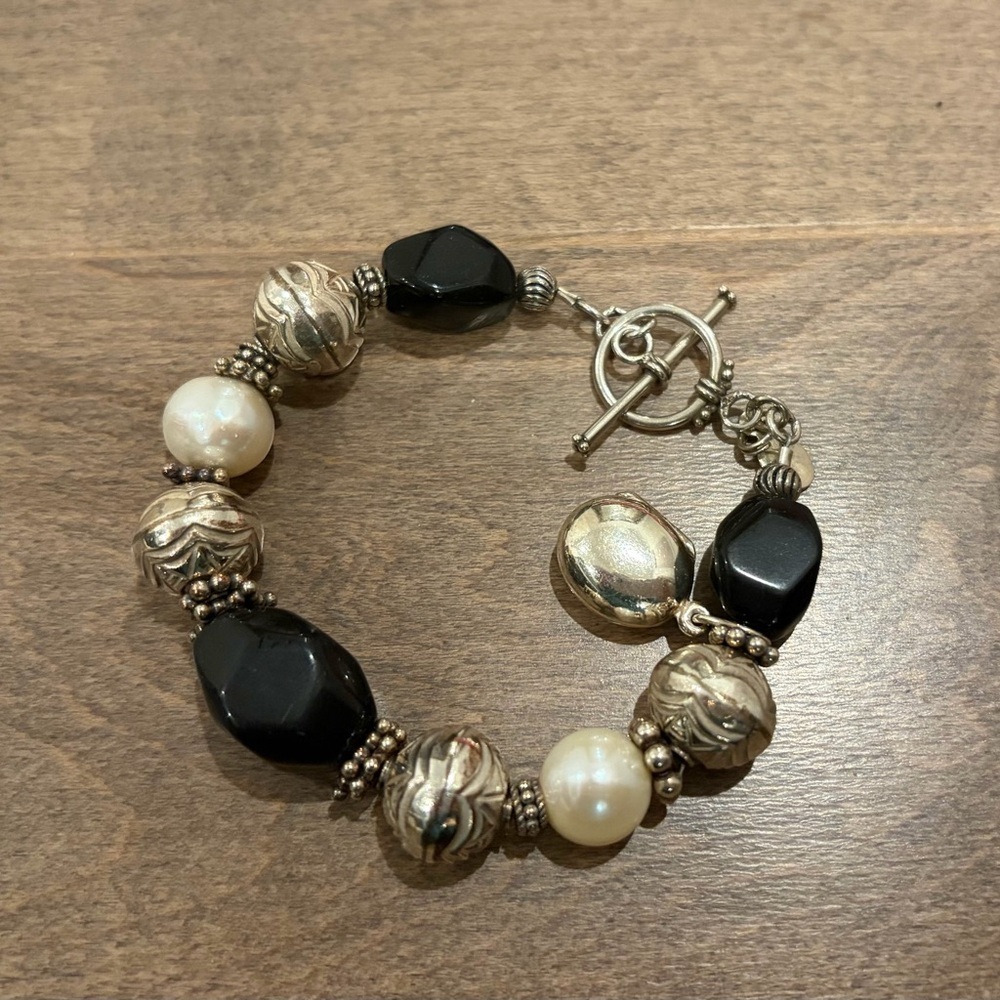 Vintage Silver Black Onyx and Pearl Beaded Bracelet with locket charm